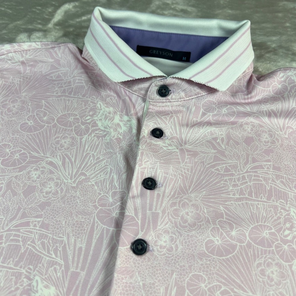 Greyson Men's M Polo Shirt Pink Floral Performance Short Sleeve Stretch Golf